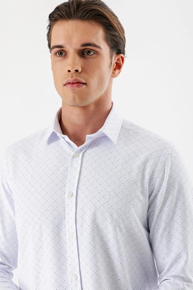 Beyaz Uzun Kollu Baskılı Bez Ayağı Sert Yaka Cepsiz Pamuklu Slim Fit Dar Kesim Gömlek 1004235169 - Resim 4