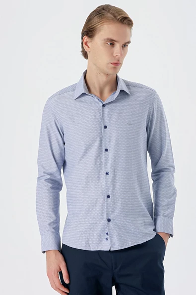 Koyu Lacivert Uzun Kollu Armürlü Cepsiz Pamuklu Slim Fit Gömlek 1004235168 - 3