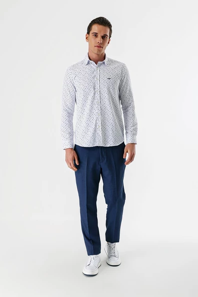 Beyaz Uzun Kollu Baskılı Bez Ayağı Düğmeli Yaka Cepsiz Pamuklu Slim Fit Gömlek 1004235170 - 4