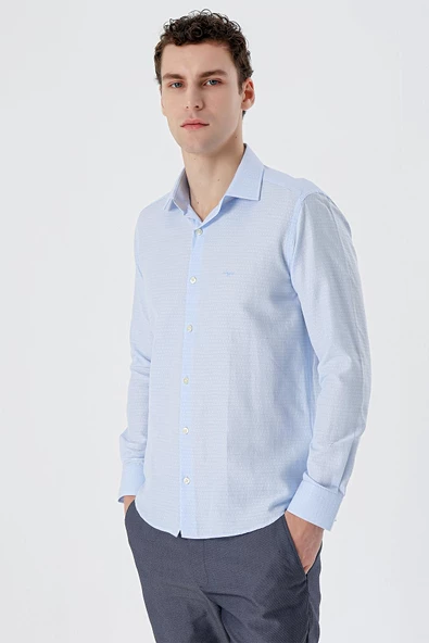 Koyu Mavi Uzun Kollu Desenli Armürlü Sert Yaka Cepsiz Pamuklu Slim Fit Dar Kesim Gömlek 1004235168 - Resim 3