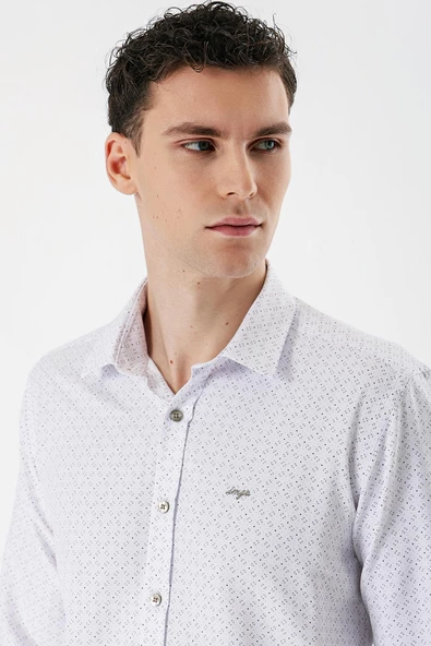 Beyaz Uzun Kollu Baskılı Bez Ayağı Sert Yaka Cepsiz Pamuklu Slim Fit Dar Kesim Gömlek 1004235169 - 5