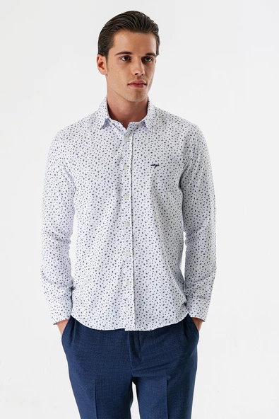 Beyaz Uzun Kollu Baskılı Bez Ayağı Düğmeli Yaka Cepsiz Pamuklu Slim Fit Gömlek 1004235170