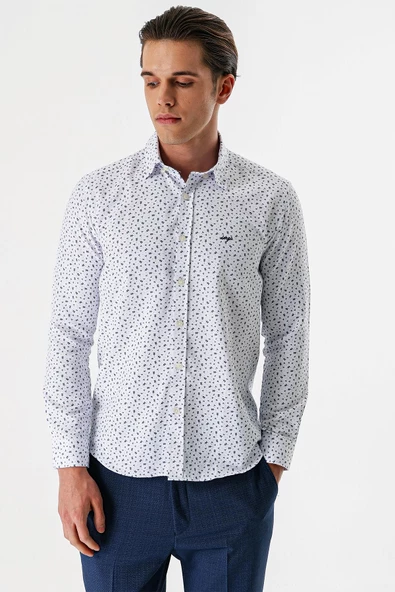 Beyaz Uzun Kollu Baskılı Bez Ayağı Düğmeli Yaka Cepsiz Pamuklu Slim Fit Gömlek 1004235170 - 2