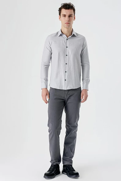 Gri Uzun Kollu Desenli Armürlü Sert Yaka Cepsiz Pamuklu Slim Fit Dar Kesim Gömlek 1004235168 - Resim 4