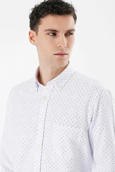 Beyaz Uzun Kollu Baskılı Bez Ayağı Düğmeli Yaka Cepli Pamuklu Comfort Fit Gömlek 1004235164 - Resim 5