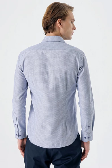 Koyu Lacivert Uzun Kollu Armürlü Cepsiz Pamuklu Slim Fit Gömlek 1004235168 - 4