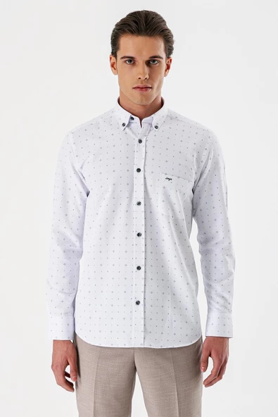 Beyaz Uzun Kollu Baskılı Armürlü Düğmeli Yaka Cepli Pamuklu Comfort Fit Gömlek 1004235166 - Resim 4