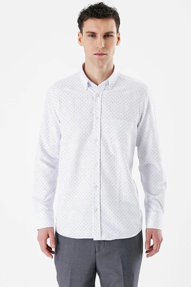 Beyaz Uzun Kollu Baskılı Bez Ayağı Düğmeli Yaka Cepli Pamuklu Comfort Fit Gömlek 1004235164 - Resim 2