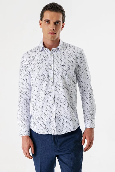Beyaz Uzun Kollu Baskılı Bez Ayağı Düğmeli Yaka Cepsiz Pamuklu Slim Fit Gömlek 1004235170 - 3