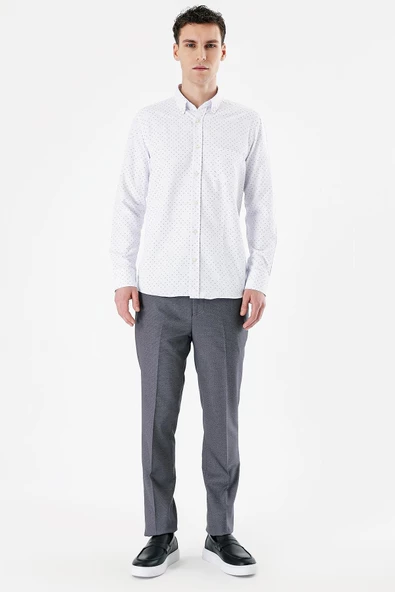 Beyaz Uzun Kollu Baskılı Bez Ayağı Düğmeli Yaka Cepli Pamuklu Comfort Fit Gömlek 1004235164 - Resim 4