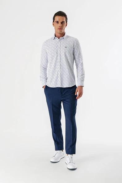 Beyaz Uzun Kollu Baskılı Bez Ayağı Düğmeli Yaka Cepsiz Pamuklu Slim Fit Gömlek 1004235170 - 5