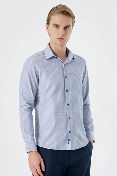 Koyu Lacivert Uzun Kollu Armürlü Cepsiz Pamuklu Slim Fit Gömlek 1004235168 - 5