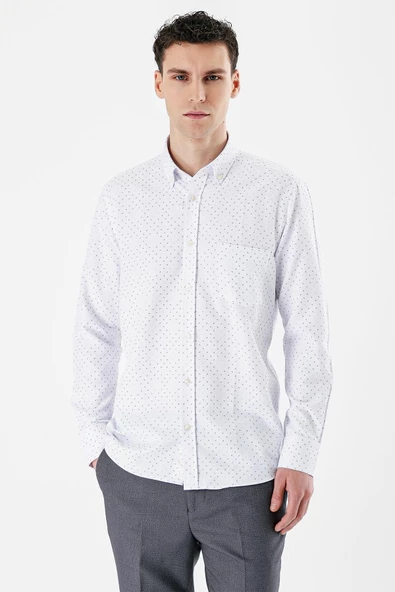 Beyaz Uzun Kollu Baskılı Bez Ayağı Düğmeli Yaka Cepli Pamuklu Comfort Fit Gömlek 1004235164 - Resim 3