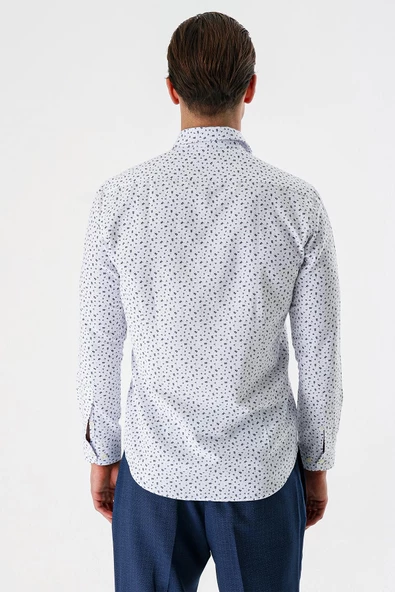 Beyaz Uzun Kollu Baskılı Bez Ayağı Düğmeli Yaka Cepsiz Pamuklu Slim Fit Gömlek 1004235170 - 7