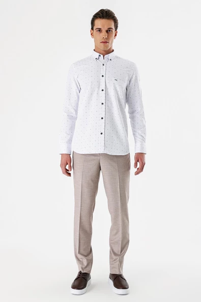 Beyaz Uzun Kollu Baskılı Armürlü Düğmeli Yaka Cepli Pamuklu Comfort Fit Gömlek 1004235166 - Resim 5