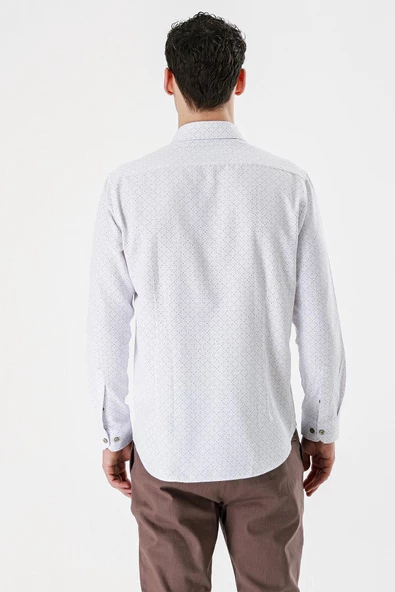 Beyaz Uzun Kollu Baskılı Bez Ayağı Sert Yaka Cepsiz Pamuklu Slim Fit Dar Kesim Gömlek 1004235169 - 6