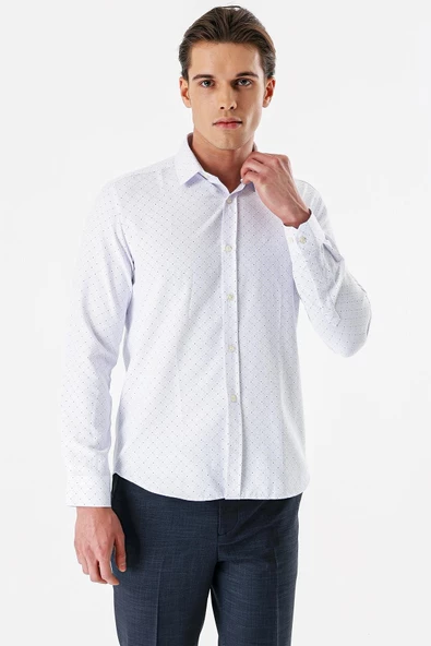 Beyaz Uzun Kollu Baskılı Bez Ayağı Sert Yaka Cepsiz Pamuklu Slim Fit Dar Kesim Gömlek 1004235169 - Resim 5