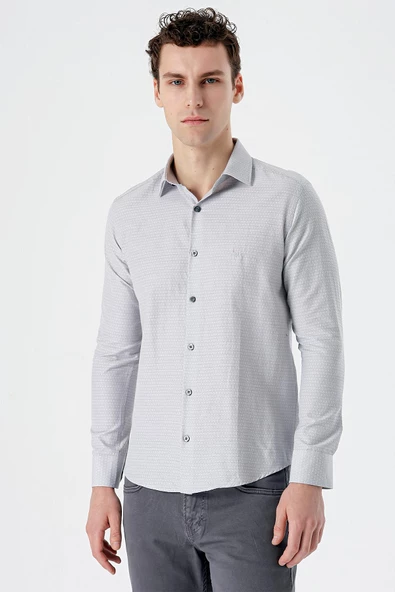 Gri Uzun Kollu Desenli Armürlü Sert Yaka Cepsiz Pamuklu Slim Fit Dar Kesim Gömlek 1004235168 - Resim 2