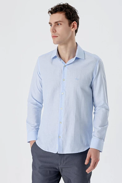 Koyu Mavi Uzun Kollu Desenli Armürlü Sert Yaka Cepsiz Pamuklu Slim Fit Dar Kesim Gömlek 1004235168 - Resim 2