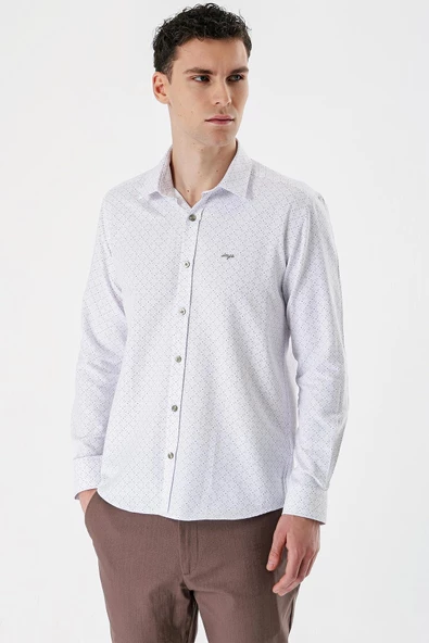 Beyaz Uzun Kollu Baskılı Bez Ayağı Sert Yaka Cepsiz Pamuklu Slim Fit Dar Kesim Gömlek 1004235169 - 2