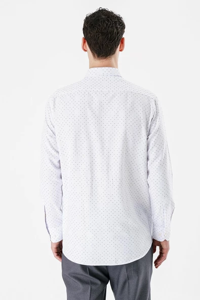Beyaz Uzun Kollu Baskılı Bez Ayağı Düğmeli Yaka Cepli Pamuklu Comfort Fit Gömlek 1004235164 - Resim 6