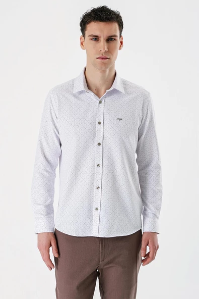 Beyaz Uzun Kollu Baskılı Bez Ayağı Sert Yaka Cepsiz Pamuklu Slim Fit Dar Kesim Gömlek 1004235169 - 3