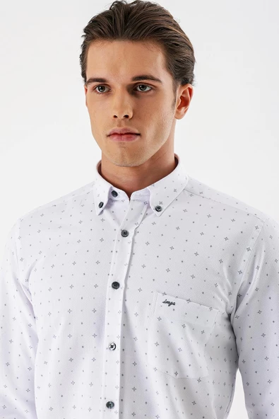 Beyaz Uzun Kollu Baskılı Armürlü Düğmeli Yaka Cepli Pamuklu Comfort Fit Gömlek 1004235166 - Resim 6