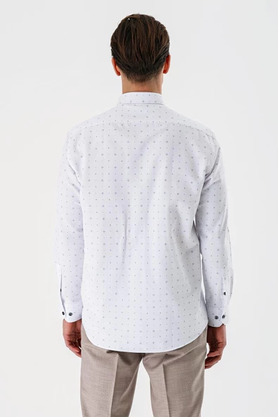 Beyaz Uzun Kollu Baskılı Armürlü Düğmeli Yaka Cepli Pamuklu Comfort Fit Gömlek 1004235166 - Resim 2