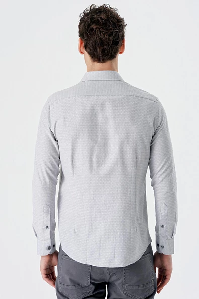 Gri Uzun Kollu Desenli Armürlü Sert Yaka Cepsiz Pamuklu Slim Fit Dar Kesim Gömlek 1004235168 - Resim 6