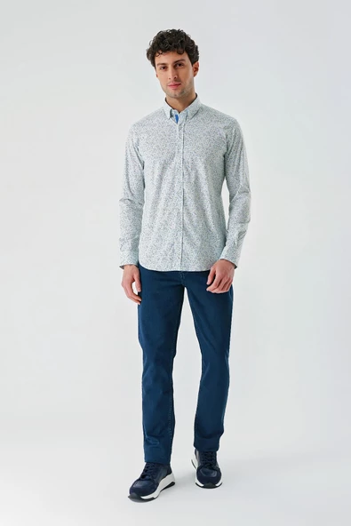 Beyaz Uzun Kollu Baskılı  Sert Yaka Cepsiz  Pamuklu Likralı Klasik Slim Fit Gömlek 1004240143 - Resim 4