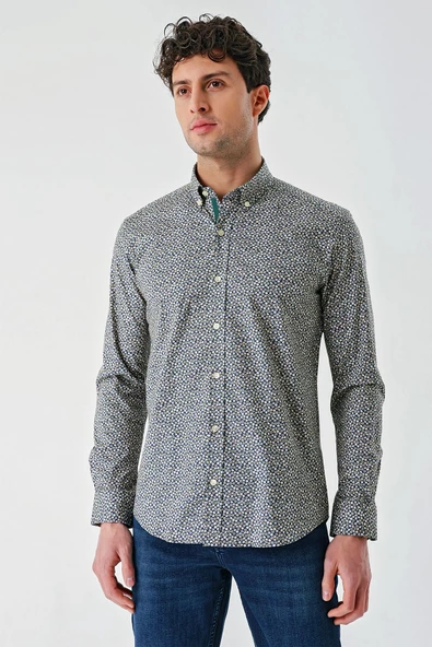Koyu Lacivert Uzun Kollu Baskılı Cepsiz Biyeli Pamuklu Likralı Slim Fit Gömlek 1004240141 - 3