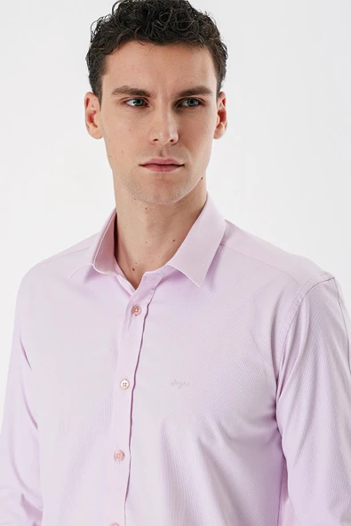 Pembe Uzun Kollu Armürlü Cepsiz Pamuklu Likralı Slim Fit Dar Kesim Gömlek 1004240193 - Resim 2