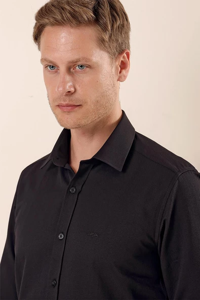 Siyah Uzun Kollu Armürlü Cepsiz Pamuklu Likralı Slim Fit Dar Kesim Gömlek 1004240193 - Resim 4