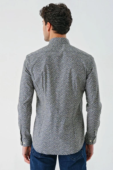 Koyu Lacivert Uzun Kollu Baskılı Cepsiz Biyeli Pamuklu Likralı Slim Fit Gömlek 1004240141 - 2