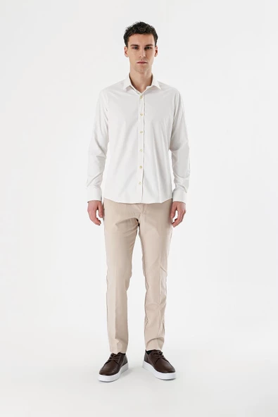 Açık Krem Uzun Kollu Armürlü Cepsiz Pamuklu Likralı Slim Fit Dar Kesim Gömlek 1004240193 - Resim 2