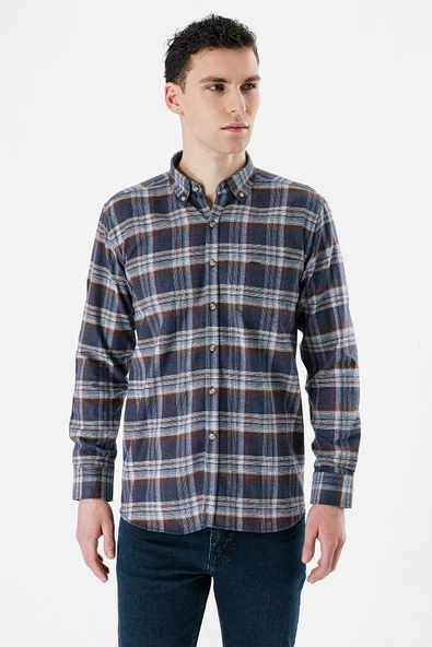 Lacivert Uzun Kollu Ekoseli Bez Ayağı Düğmeli Yaka Cepli Pamuklu Comfort Fit Gömlek 1004235173 - Resim 2