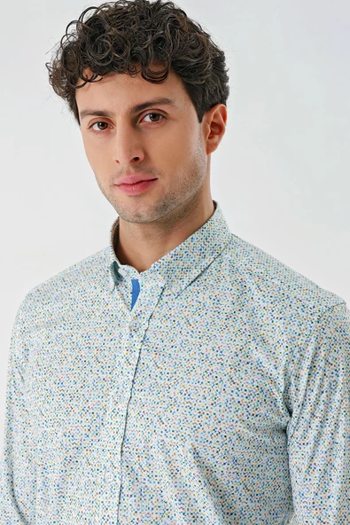 Beyaz Uzun Kollu Baskılı  Sert Yaka Cepsiz  Pamuklu Likralı Klasik Slim Fit Gömlek 1004240143 - Resim 6