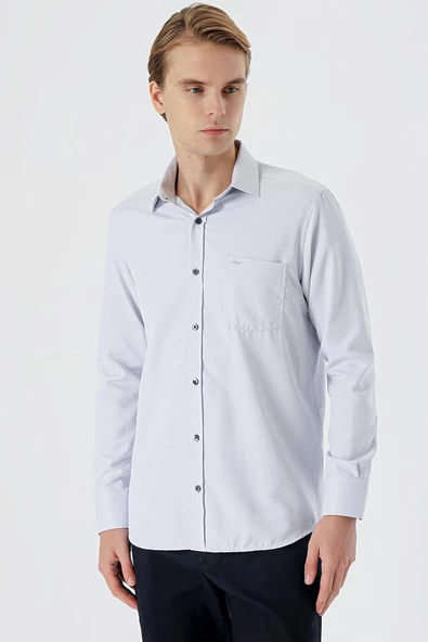 Gri Uzun Kollu Desenli Armürlü Sert Yaka Cepli Comfort Fit Rahat Kesim Gömlek 1004235159