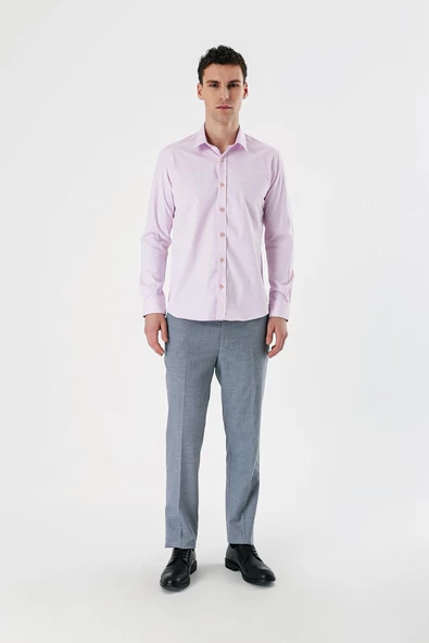Pembe Uzun Kollu Armürlü Cepsiz Pamuklu Likralı Slim Fit Dar Kesim Gömlek 1004240193 - Resim 7