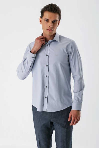 Gri Uzun Kollu Armürlü Cepsiz Pamuklu Likralı Slim Fit Dar Kesim Gömlek 1004240193 - 2