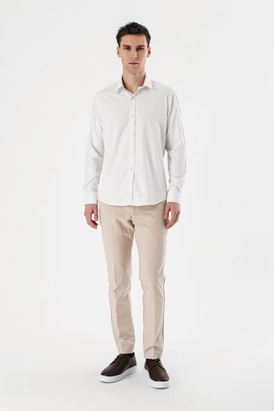 Açık Krem Uzun Kollu Armürlü Cepsiz Pamuklu Likralı Slim Fit Dar Kesim Gömlek 1004240193 - Resim 4