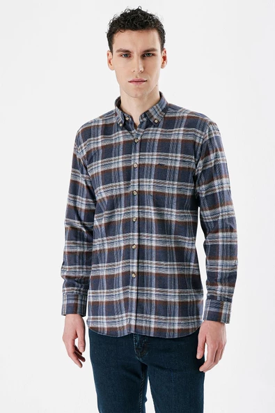 Lacivert Uzun Kollu Ekoseli Bez Ayağı Düğmeli Yaka Cepli Pamuklu Comfort Fit Gömlek 1004235173 - Resim 3