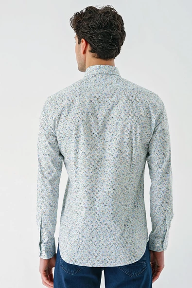 Beyaz Uzun Kollu Baskılı  Sert Yaka Cepsiz  Pamuklu Likralı Klasik Slim Fit Gömlek 1004240143 - Resim 7