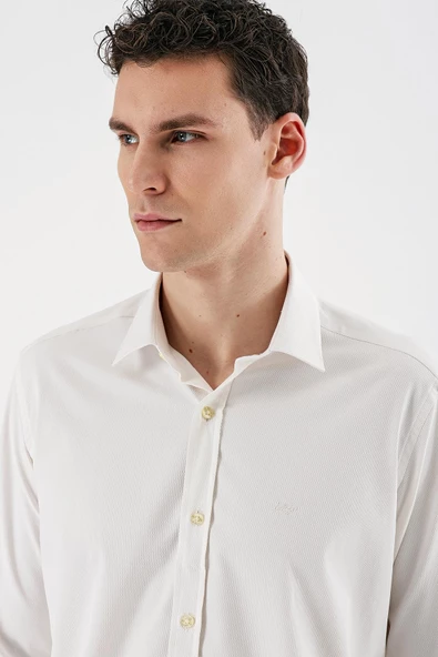 Açık Krem Uzun Kollu Armürlü Cepsiz Pamuklu Likralı Slim Fit Dar Kesim Gömlek 1004240193 - Resim 6