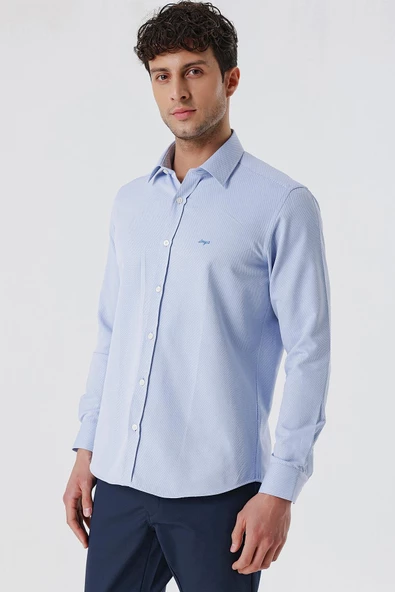 Mavi Uzun Kollu Armürlü Cepsiz Pamuklu Likralı Slim Fit Dar Kesim Gömlek 1004240193 ürün görseli