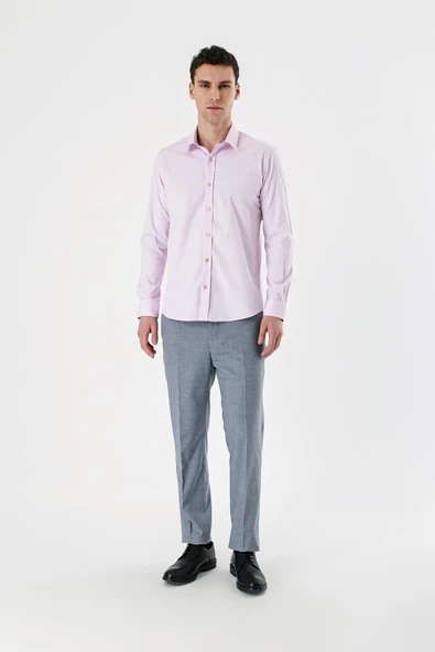 Pembe Uzun Kollu Armürlü Cepsiz Pamuklu Likralı Slim Fit Dar Kesim Gömlek 1004240193 - Resim 8