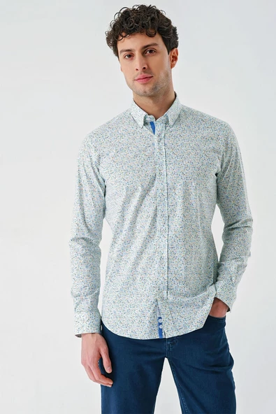 Beyaz Uzun Kollu Baskılı  Sert Yaka Cepsiz  Pamuklu Likralı Klasik Slim Fit Gömlek 1004240143 ürün görseli