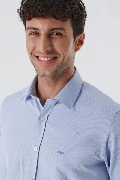 Mavi Uzun Kollu Armürlü Cepsiz Pamuklu Likralı Slim Fit Dar Kesim Gömlek 1004240193 - Resim 5