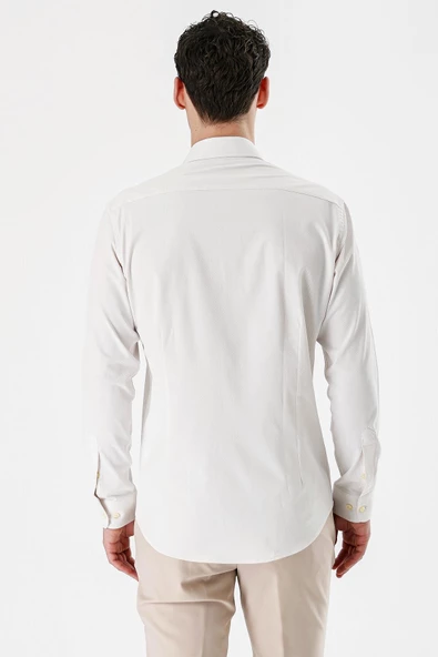Açık Krem Uzun Kollu Armürlü Cepsiz Pamuklu Likralı Slim Fit Dar Kesim Gömlek 1004240193 - Resim 7