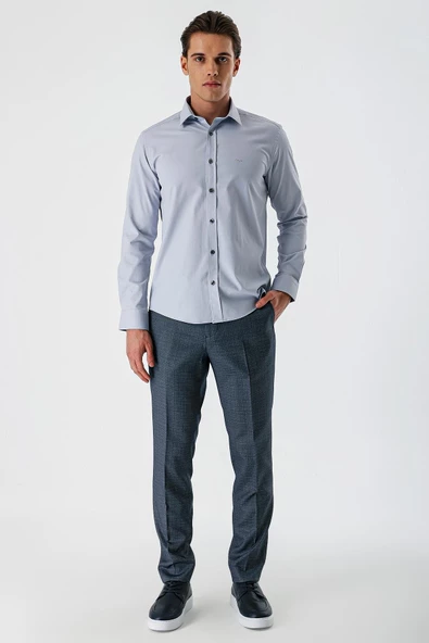 Gri Uzun Kollu Armürlü Cepsiz Pamuklu Likralı Slim Fit Dar Kesim Gömlek 1004240193 - 4